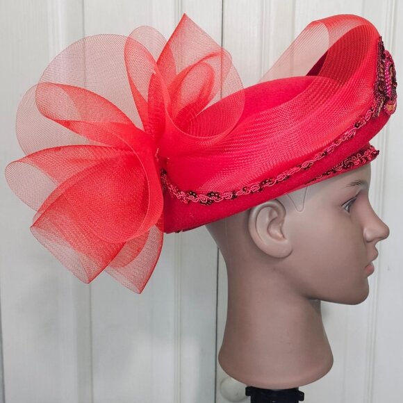 Mr Hi's Vintage Red Church Hat Wool Derby Beads Sequin Tulle Bow Formal USA - Picture 5 of 10